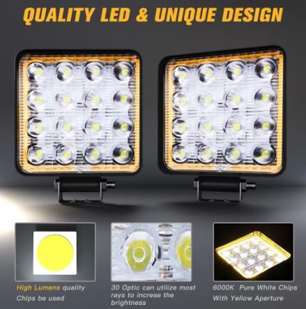 Foco Neblinero Cuadrado 16 LED + Aro Ambar x2