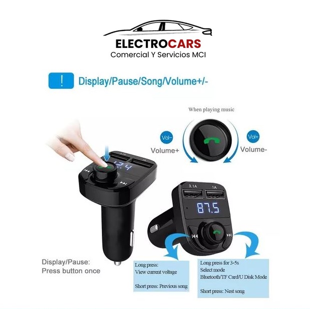 Receptor Transmisor Mp3 Radio Fm Bluetooth Usb Cargador Auto.