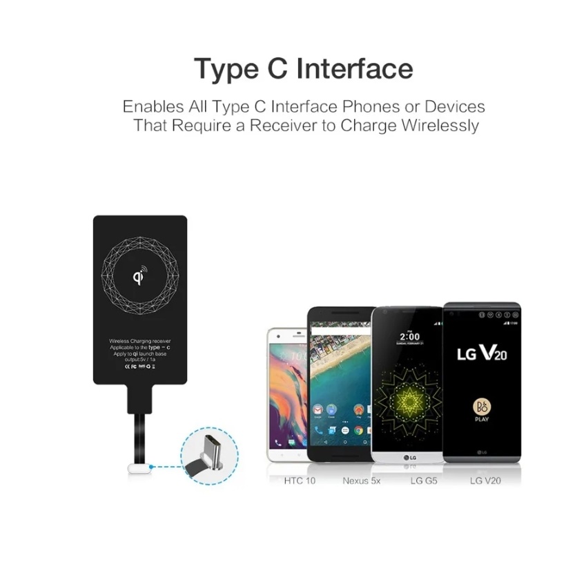 Receptor de carga inalámbrica tipo C, para iPhone 6, 7 Plus, Samsung, Huawei y Xiaomi
