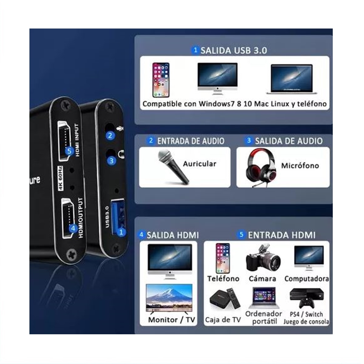 Capturadora Hdmi 4k Ultra Video Audio Mic In Streaming 3.0