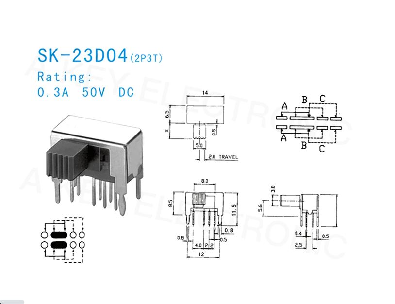 Interruptor de palanca SK-23D04 (2P3T) pack de 10 unidades